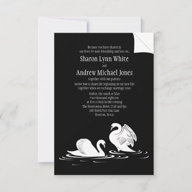 3.5" x 5" Swan Couple Black Wedding Invitation (Front)