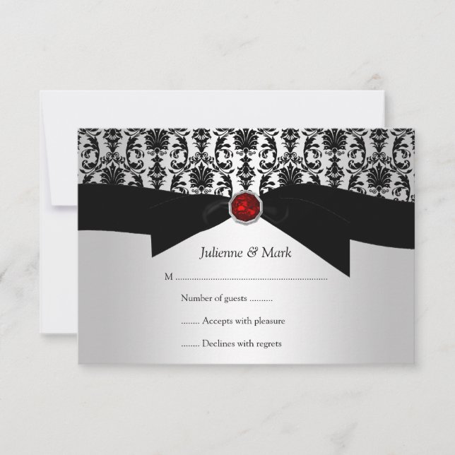 3.5x5 Black Silver Damask Printed Ruby Jewel RSVP Card (Front)
