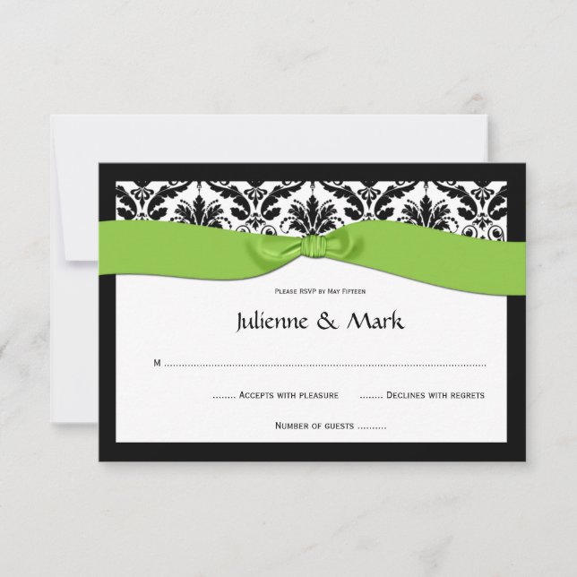 3.5x5 Black White Damask Lime Green RSVP Card (Front)