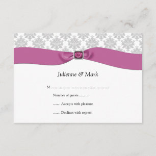 3.5x5 Grey White Damask Pink Ribbon Jewel RSVP Card