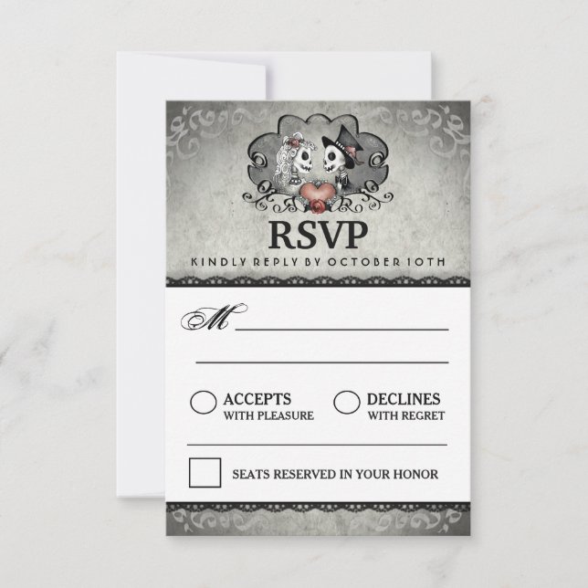 3.5x5 Halloween Skeleton Black Grey Matching RSVP Card (Front)