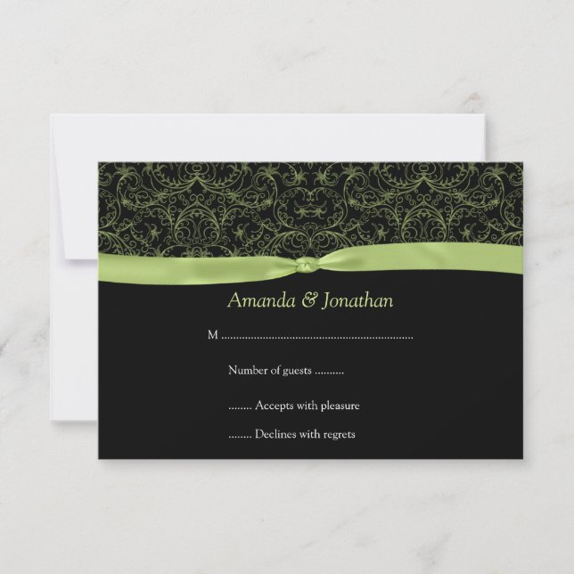 3.5x5 Lime Green Scrolls & Ribbon on Black RSVP (Front)