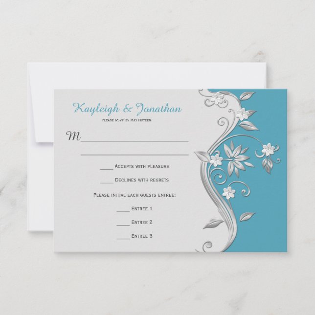 3.5x5 Ornate Teal and Silver Floral Swirls RSVP Invitation (Front)