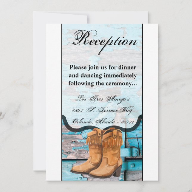 3.5x7 Reception Card Blue Wood Barn Door Boots (Front)