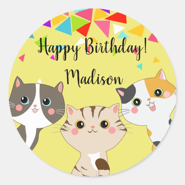3 Adorable Kitty Happy Birthday Classic Round Sticker (Front)
