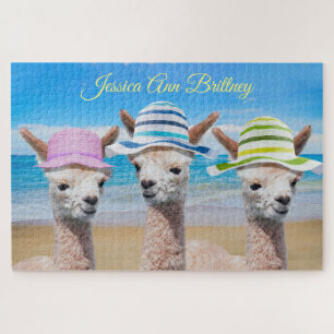 3 Alpacas On Beach In Sun Hats, DIY Name Jigsaw Puzzle