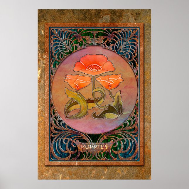3 Art Nouveau Poppies in a Coppery Mucha Frame Poster (Front)
