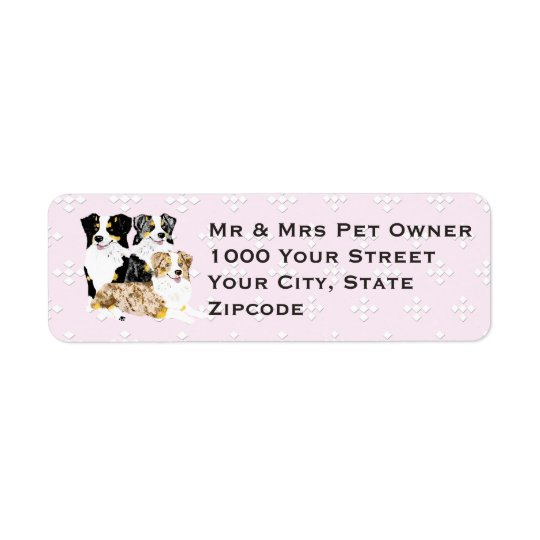 3 Australian Shepherds on Pink w/white diamonds Return Address Label