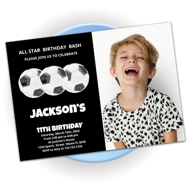 3 Balls Black Soccer Birthday Invitations w photo (Creator Uploaded)