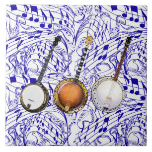 3 BANJOS ON BLUE MUSIC NOTES CERAMIC TILE