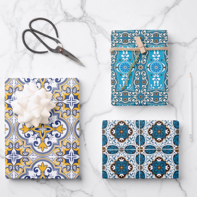  😍 3 Beautiful Azulejos Wrapping Paper Sheets (Front)