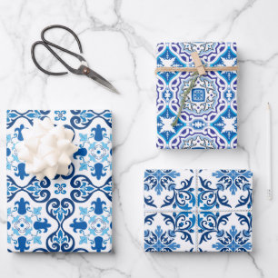 😍 3 Beautiful Blue Azulejos Wrapping Paper Sheet