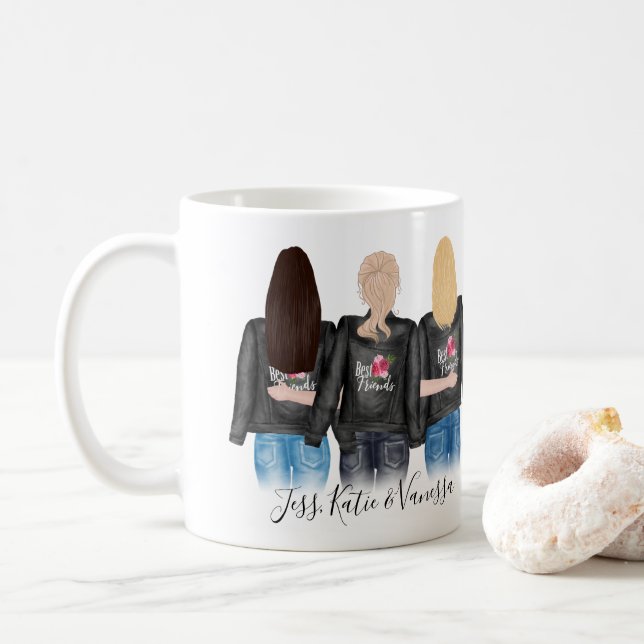 3 Best Friends Blonde Brunette Hair BFF Friendship Coffee Mug (With Donut)