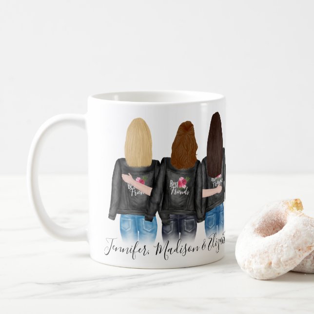 3 Best Friends Custom Hair BFF Besties Friendship Coffee Mug (With Donut)