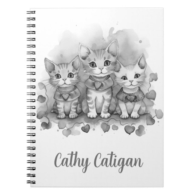3 Black and white kittens custom name Notebook (Front)