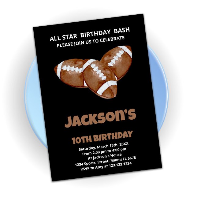 3 Black Brown Football Birthday Invitations (Creator Uploaded)