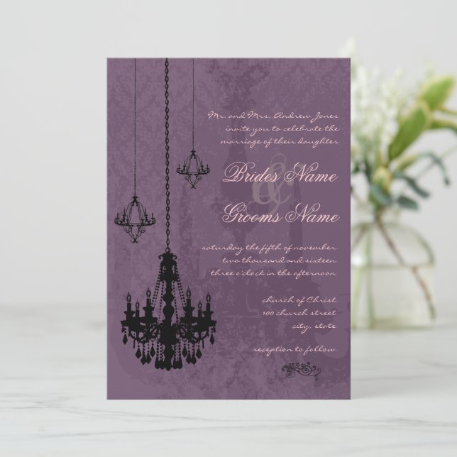 3 Black Chandeliers Eggplant Damask Wedding Invitation (Standing Front)