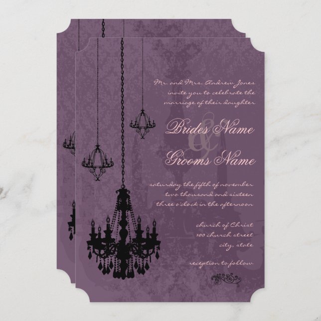 3 Black Chandeliers Eggplant Damask Wedding Invitation (Front/Back)
