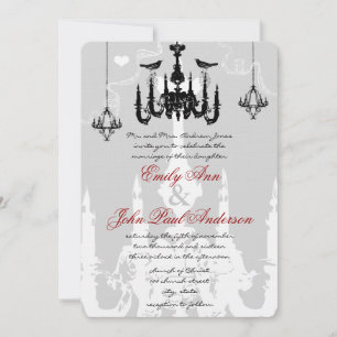 3 Black Chandeliers Love Birds Wedding Invitation