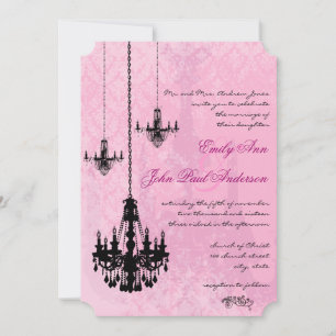 3 Black Chandeliers Pink Damask Wedding Invitation