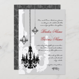 3 Black Chandeliers Red Accents Wedding Invitation