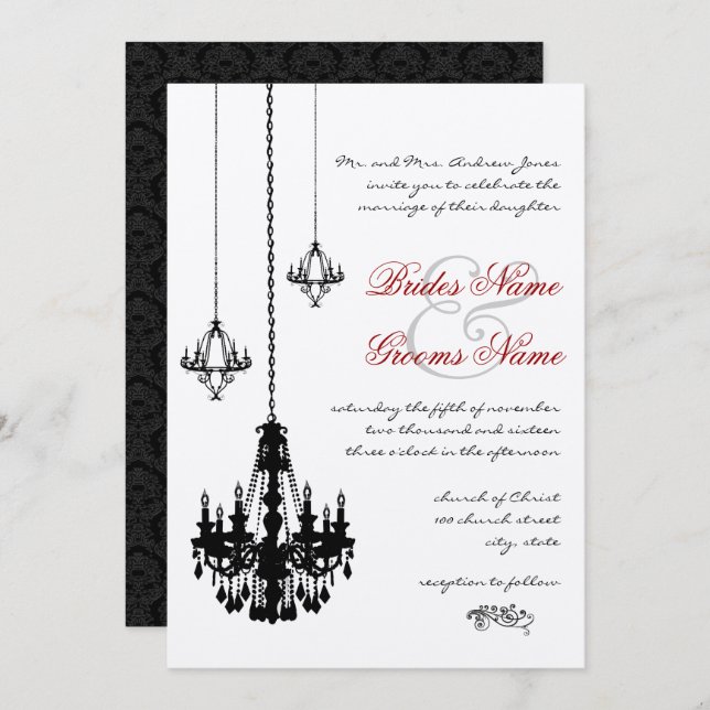 3 Black Chandeliers Red Accents Wedding Invitation (Front/Back)