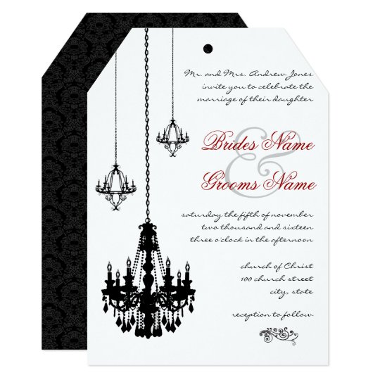 3 Black Chandeliers Red Accents Wedding Invitation