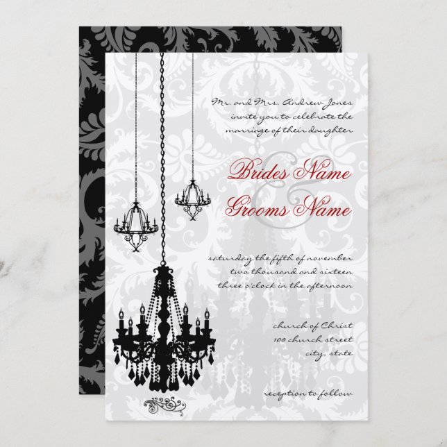 3 Black Chandeliers Shadow Damask Wedding I Invitation (Front/Back)
