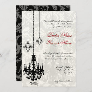 3 Black Chandeliers Shadow Damask Wedding I Invitation