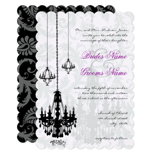 3 Black Chandeliers Shadow Damask Wedding Invites