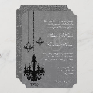 3 Black Chandeliers Shadow Silver Metallic Damask Invitation