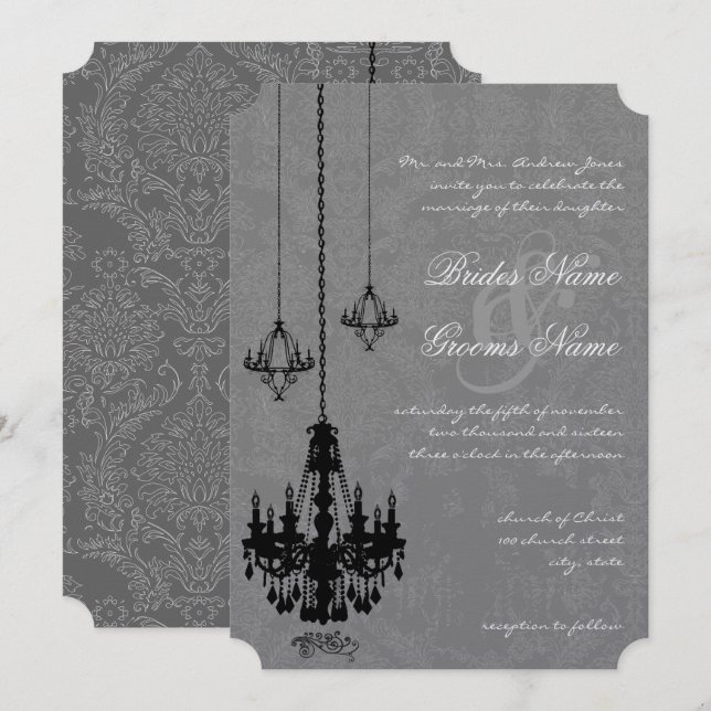 3 Black Chandeliers Shadow Silver Metallic Damask Invitation (Front/Back)