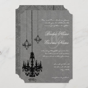 3 Black Chandeliers Shadow Silver Metallic Damask Invitation
