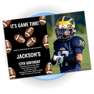 3 Black Football Birthday Invitations with photo