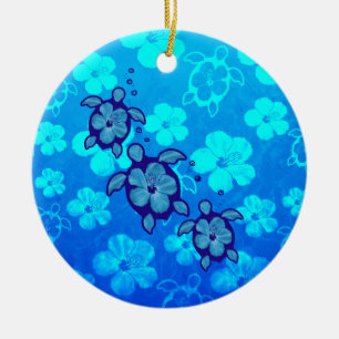 3 Blue Honu Turtles Ceramic Ornament