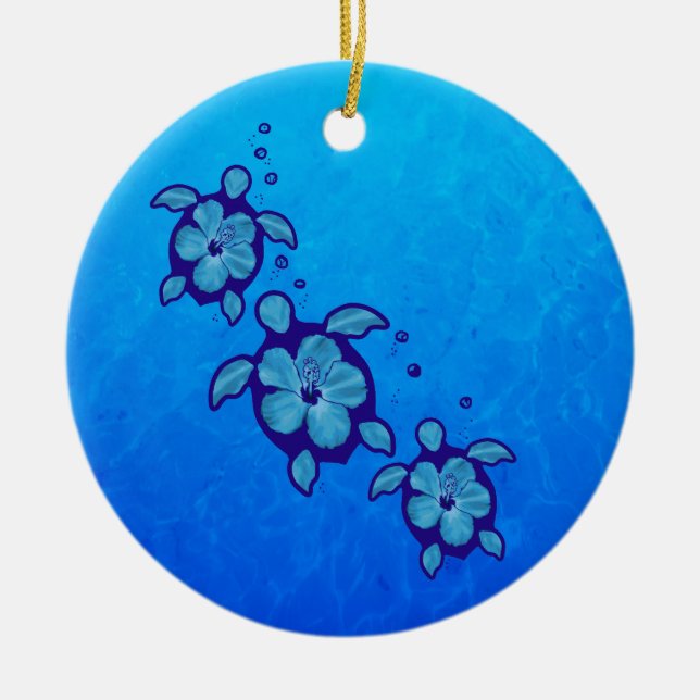 3 Blue Honu Turtles Ceramic Ornament (Front)