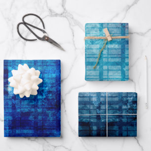 3 Blue Plaid Men's Special Occasion Gift Wrapping Paper Sheet