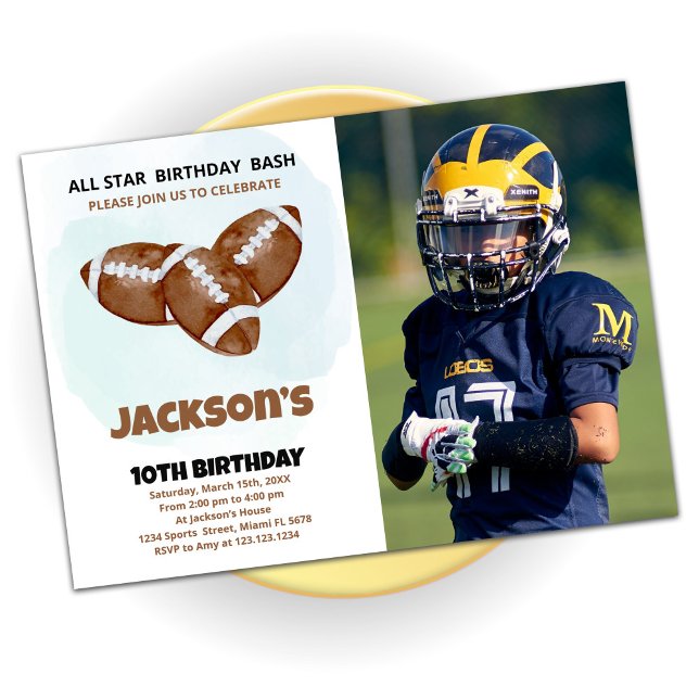 3 Brown Football Birthday Invitations with photo (Creator Uploaded)