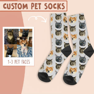 3 Cat And Dog Face Personalised on Blue Socks