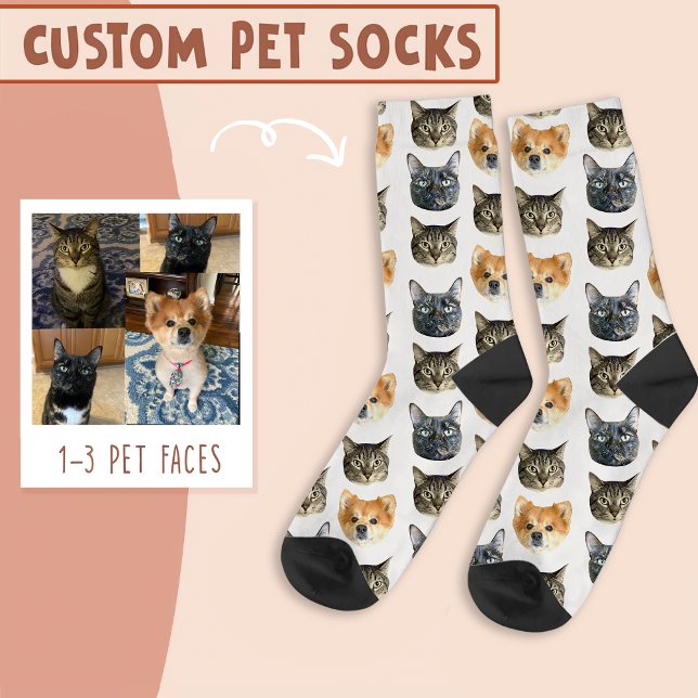 3 Cat And Dog Face Personalised on White Socks (Creator Uploaded)