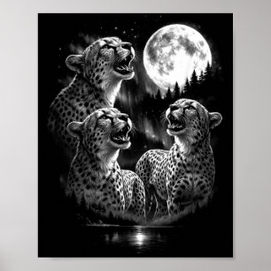 3 Cheetah Howling At Moon Vintage Retro Style Poster