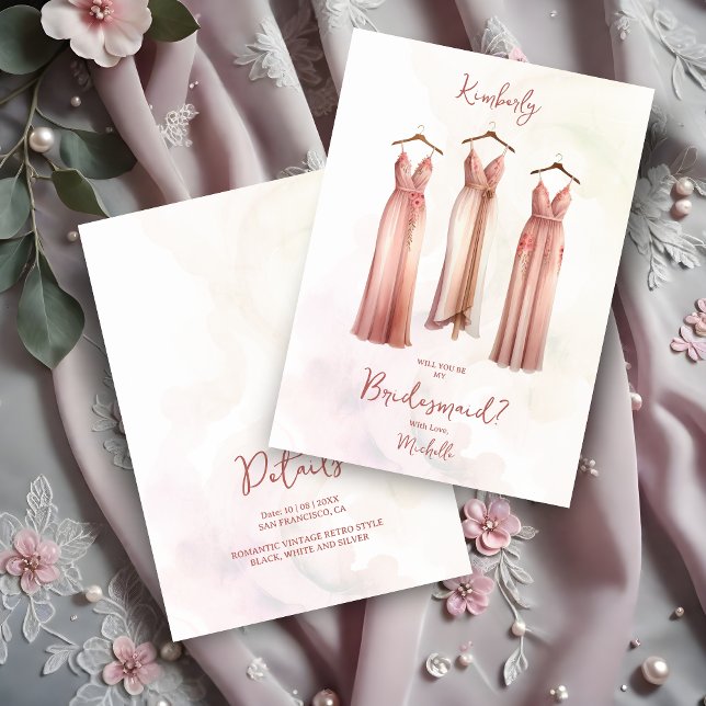 3 Chic Pink Bridesmaid Dresses Watercolor Request (Glam 3 Chic Pink Shades Bridesmaid Dresses Watercolor Request Card. )