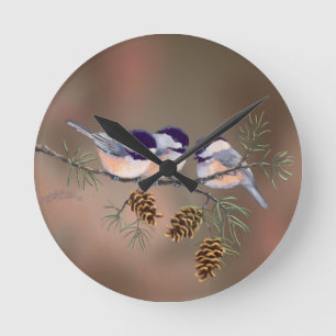 3 CHICKADEES & PINE CONES by SHARON SHARPE Round Clock