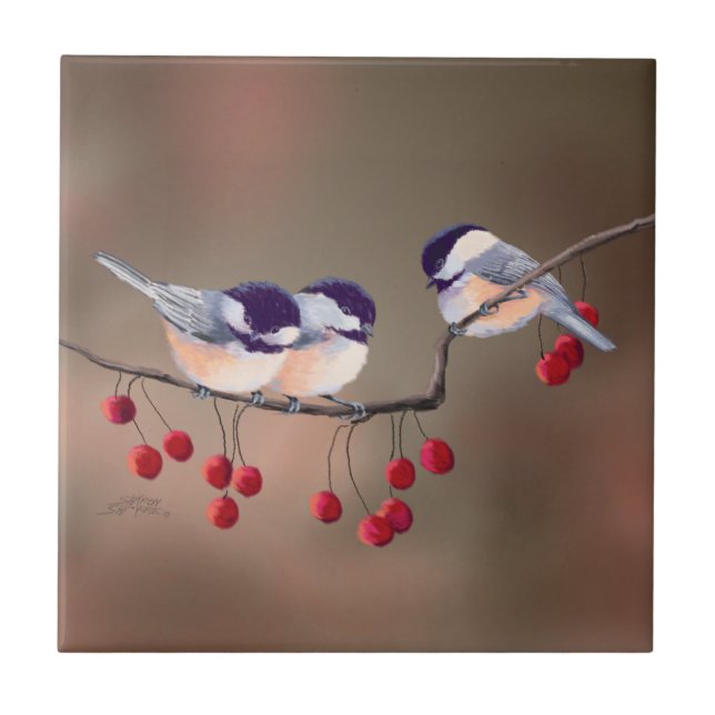 3 CHICKADEES & RED BERRIES by SHARON SHARPE Ceramic Tile (Front)