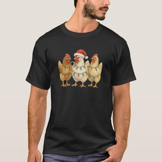 3 Christmas Chickens Christmas Lights and Santa ha T-Shirt (Front)