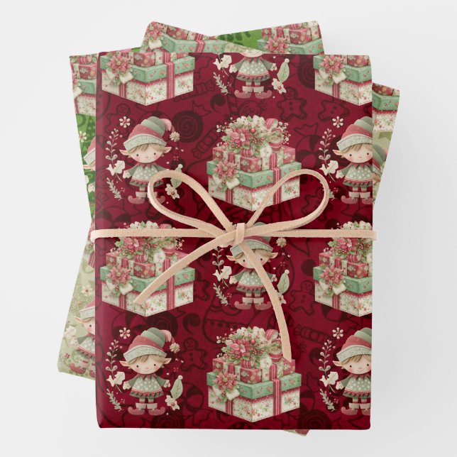 3 Christmas Elf Pretty Presents Wrapping Paper Sheet (In situ)