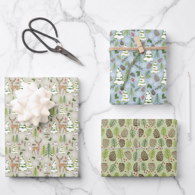 3 Christmas Gift Wrap Sheets -In A Winter Forest (Front)