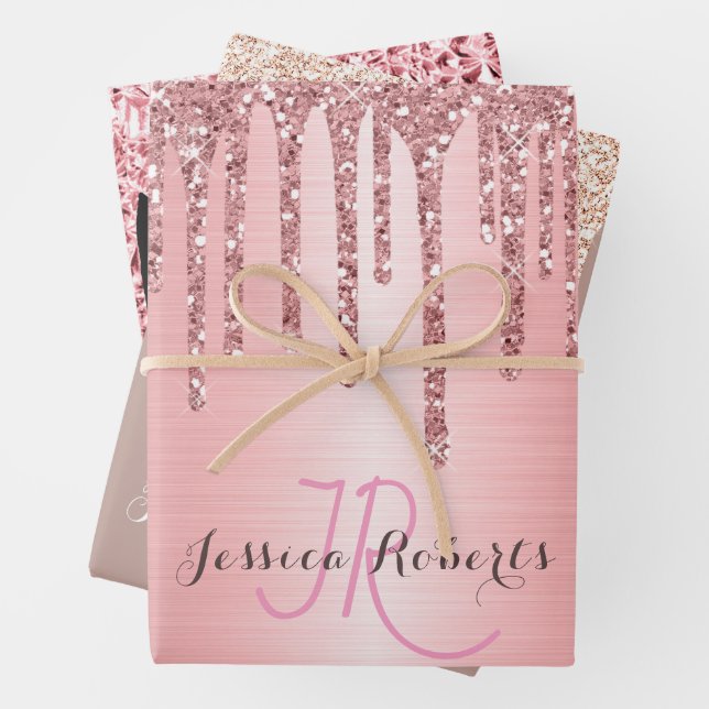 3 Colour Chic Monogram Girly Glitter Drips Wrapping Paper Sheet (In situ)