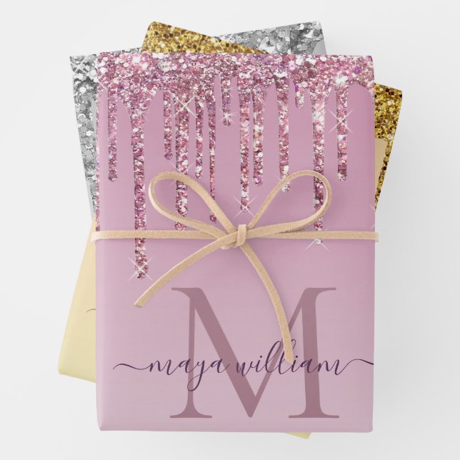 3 Colour Glitter Drips Personalised Monogram Name  Wrapping Paper Sheet (In situ)