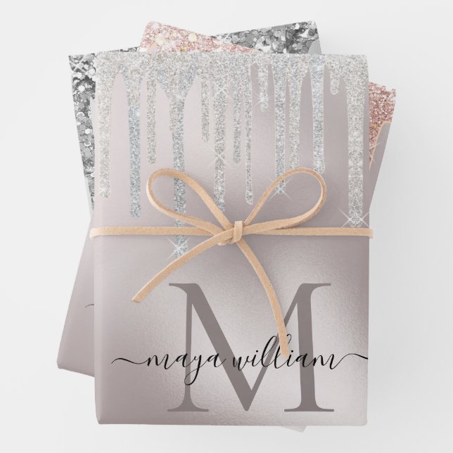 3 Colour Glitter Drips Personalised Monogram Name  Wrapping Paper Sheet (In situ)